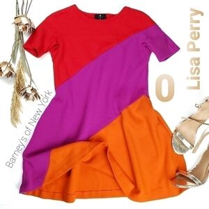 Lisa Perry Casual Coral Color Block Wool Dress 0